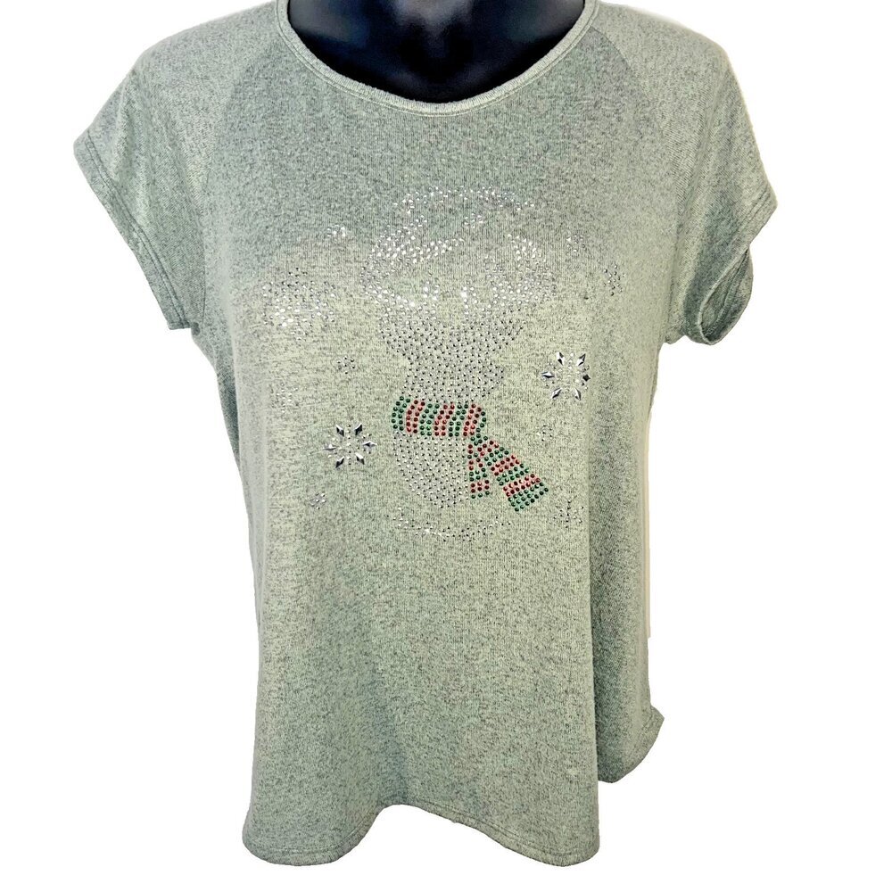 SJS Knit Top Sweater Women's Size PL Pale Green Beaded Reindeer Snowflake XMAS